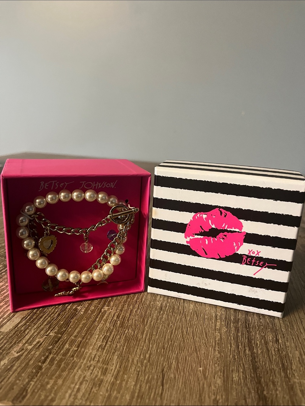 Betsey Johnson Pink Pearl and Gold-Tone Charm Bracelet